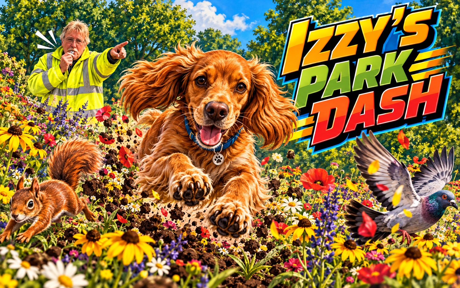 Izzy’s Park Dash cover: Izzy leaps through flowers as Brian blows his whistle, with a squirrel and pigeon scattering.